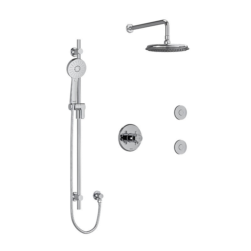 Riobel Momenti KIT3545MMRD Type T/P 1/2 inch coaxial 3-way system, hand shower rail, elbow supply, shower head and 2 body jets - Cross Handle