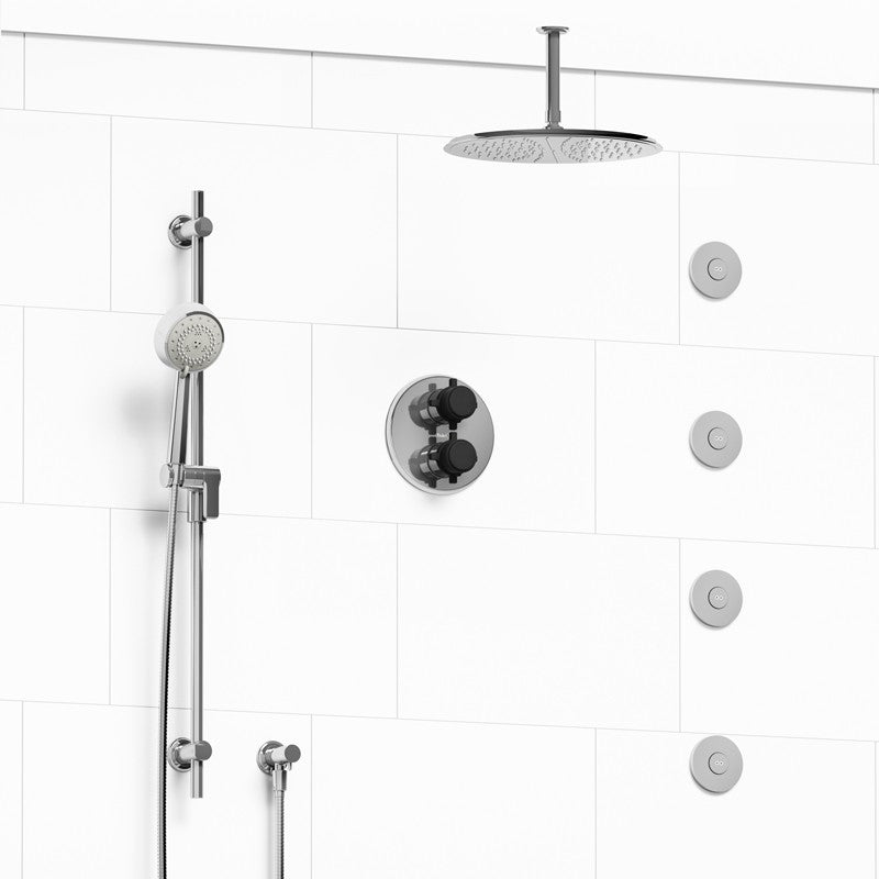 Riobel Momenti KIT483MMRD Type T/P 3/4 inch double coaxial system with hand shower rail, 4 body jets and shower head