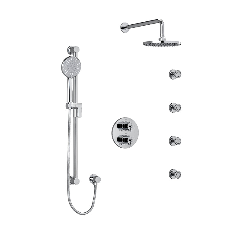 Riobel GS KIT446GS Type T/P (thermostatic/pressure balance) double coaxial system with hand shower rail, 4 body jets and shower